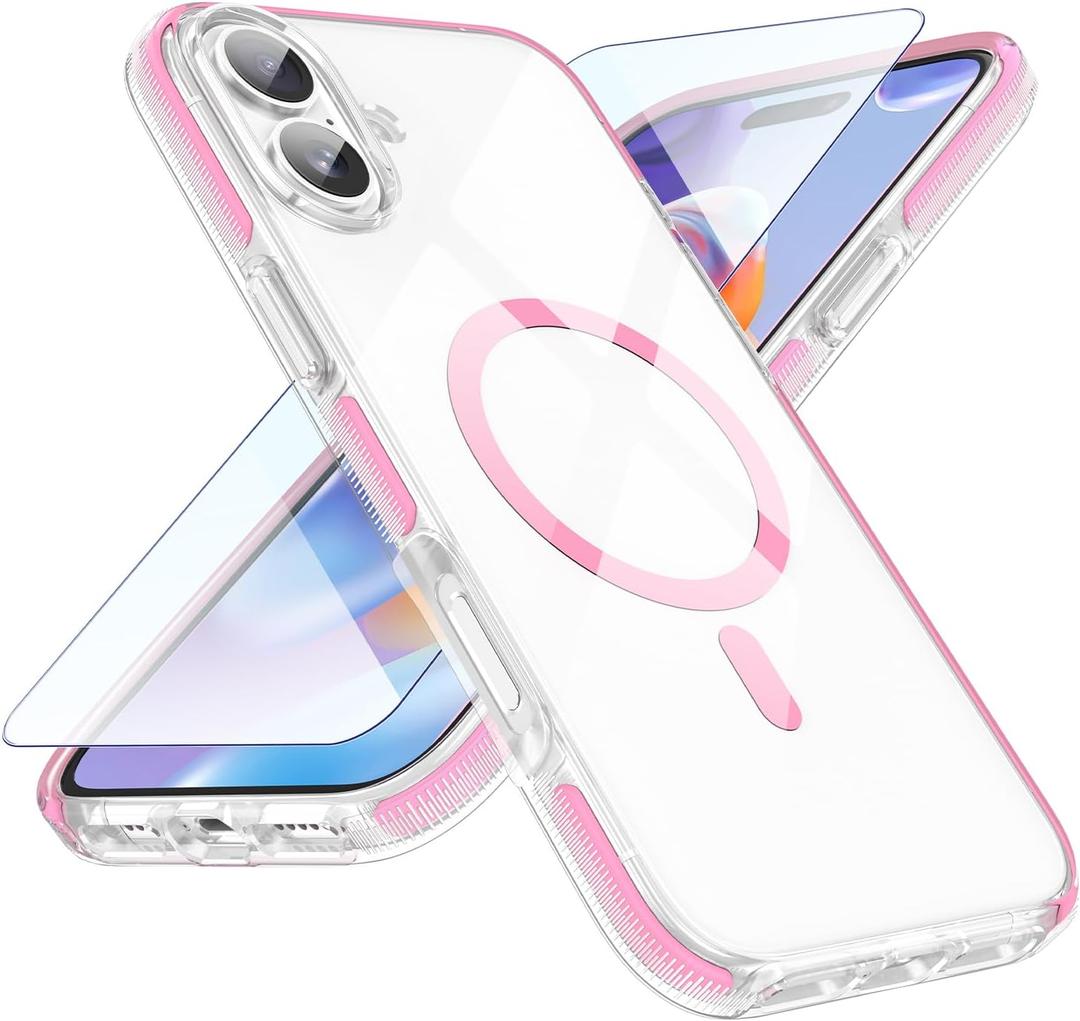 MATEPROX Magnetic Clear Compatible with iPhone 16 Case[2024],[Compatible with MagSafe][Never Yellowing] Anti-Slip Military Protective Bumpers Cover 6.1" with Screen Protector-Pink