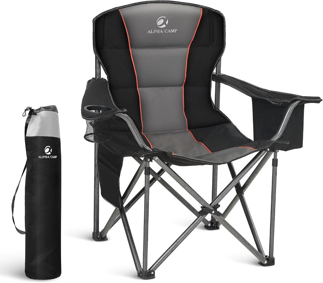 LET'S CAMP Folding Camping Chair Oversized Heavy Duty Padded Outdoor Chair with Cup Holder Storage and Cooler Bag, 450 LBS Weight Capacity, Thicken 600D Oxford, Single Pack