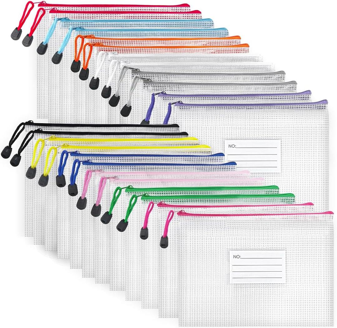 BOPART 24pcs Small Mesh Zipper Pouch Bags 9.3x6.9 Inches Plastic Zip File Bags A5 with Label Pocket for School Office Supplies, Board Game Storage, Puzzle Bags for Organizing