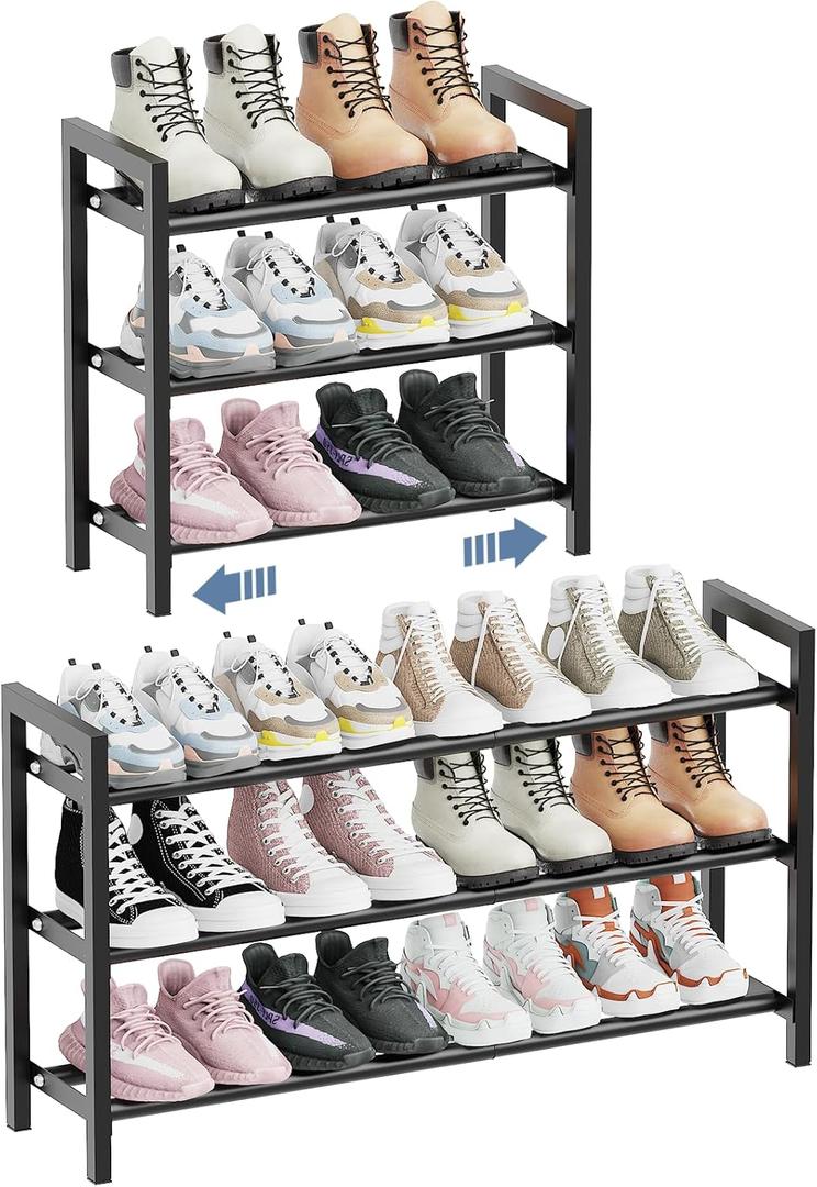 3-Tier Expandable Shoe Rack, Adjustable Shoe-Rack Organizer Shelf for Closet, Metal Shoe Storage Rack for Front Door Entrance, Entryway, Closet, Black