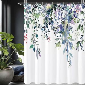 Gibelle Long Shower Curtain 72 x 78, Green Eucalyptus Leaves Shower Curtain, Watercolor Floral Plant Bathroom Curtains Shower Set with Hooks