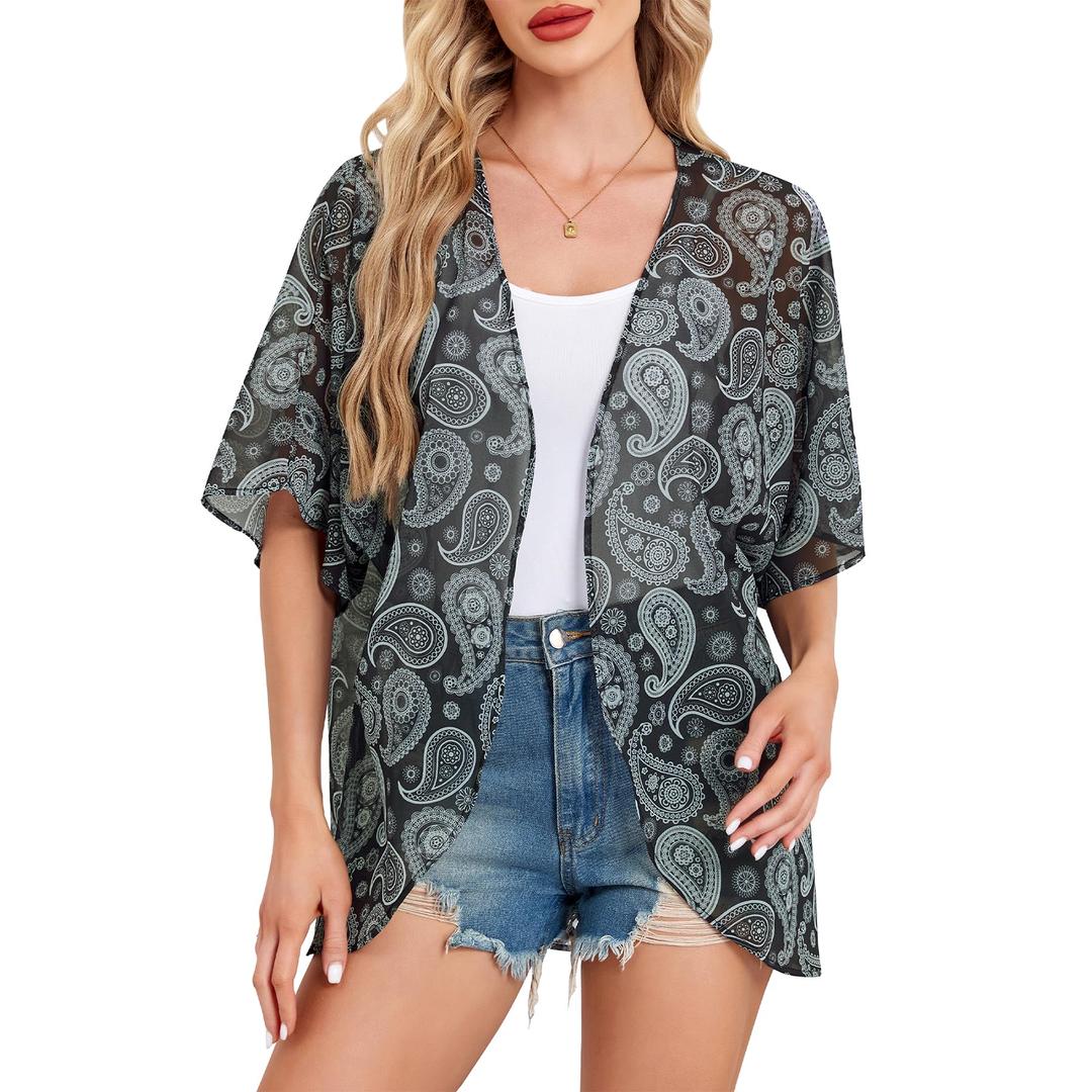 Zando Floral Kimonos for Women Kimono Swimsuit Cover Ups Loose Open Front Summer Tops Lightweight Spring Cardigan Half Sleeve Sheer Shawls and Wraps Black Paisley Small (Black, S)