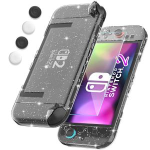 FANPL [Improved Easy Dockable Version] Clear Glitter Case for Nintendo Switch 2, Protective Cover for Switch 2 and JoyCon Controller with Screen Protector 4 Thumb Grip Caps - Strong and Durable