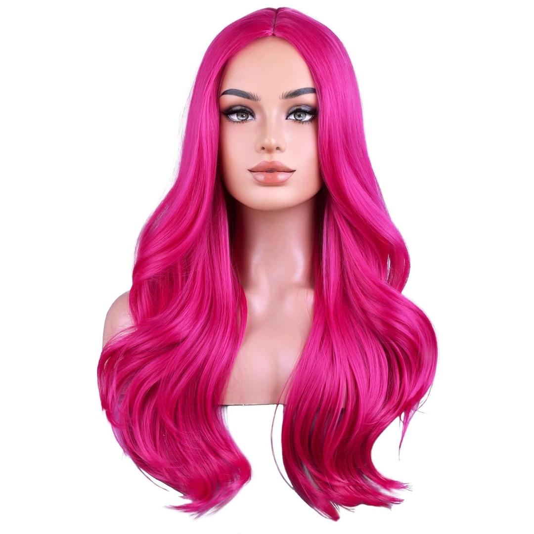 BERON Hot Pink Long Wigs for Women Girls Magenta Curly Wavy Hair Wig Middle Part Dark Pink Heat Resistant Synthetic Fiber Wigs (Rose Red)