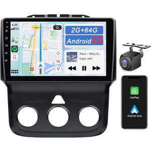 Car Stereo for Dodge Ram 1500 2500 3500 2013 2014 2015 2016 2017 2018 with Wireless CarPlay and Android Auto - 9'' Android 13, Bluetooth WiFi SWC GPS, 2+64GB (Only fit Manual AC)