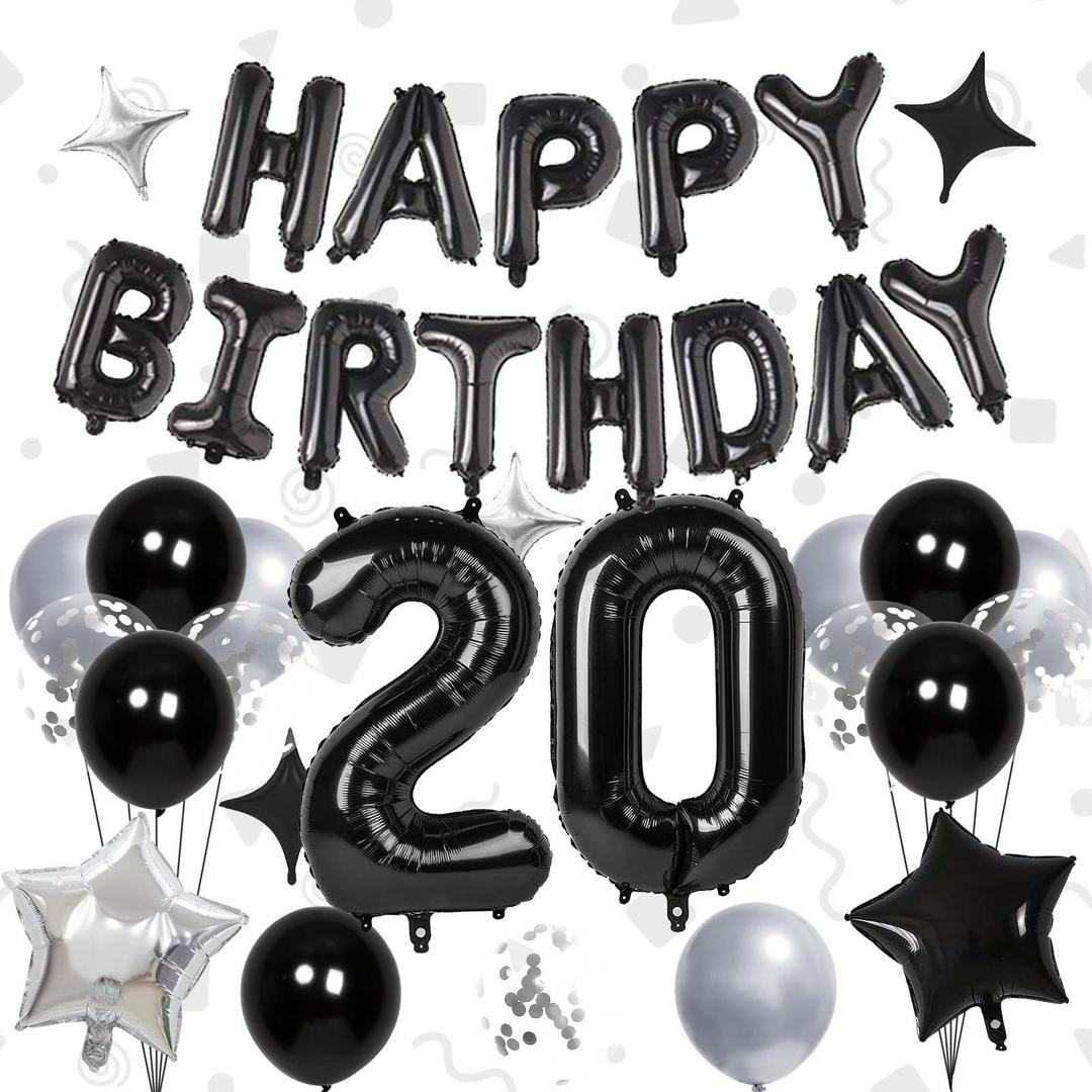 32 Inch 20 Balloon Number, Happy Birthday Balloons Banner 16 Inch Foil Letters Balloon Silver and Black Star Balloons for 20th Birthday Decorations for Boys Black Party Decorations