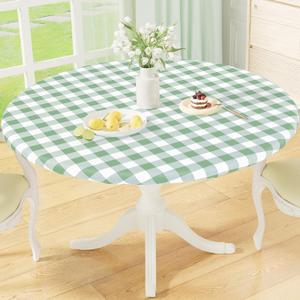 Misaya Round Fitted Tablecloth with Elastic Edge, Buffalo Plaid Waterproof Vinyl Flannel Backed Table Cloth Cover Fits 18"-24" Round Tables for Dinner, Outdoor, Picnic, Black White Check