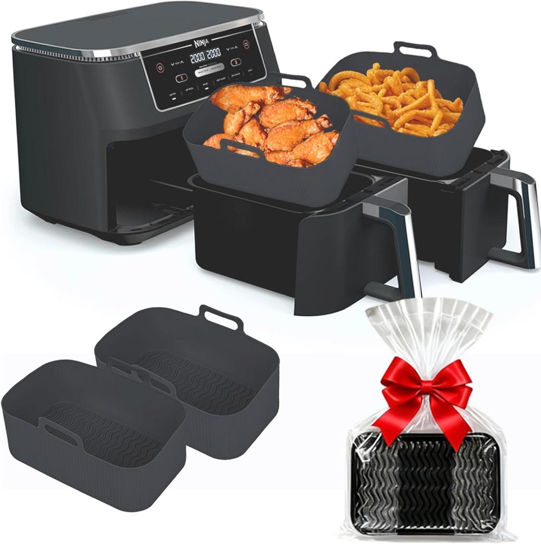 Silicone Air Fryer Liners for Ninja - Reusable DZ201 8QT Dual Basket - Rectangular 2-Pack Vacuum-Packed Easy-Clean Dishwasher-Safe Food-Safe for Home Chefs - Housewarming Gifts (Black)