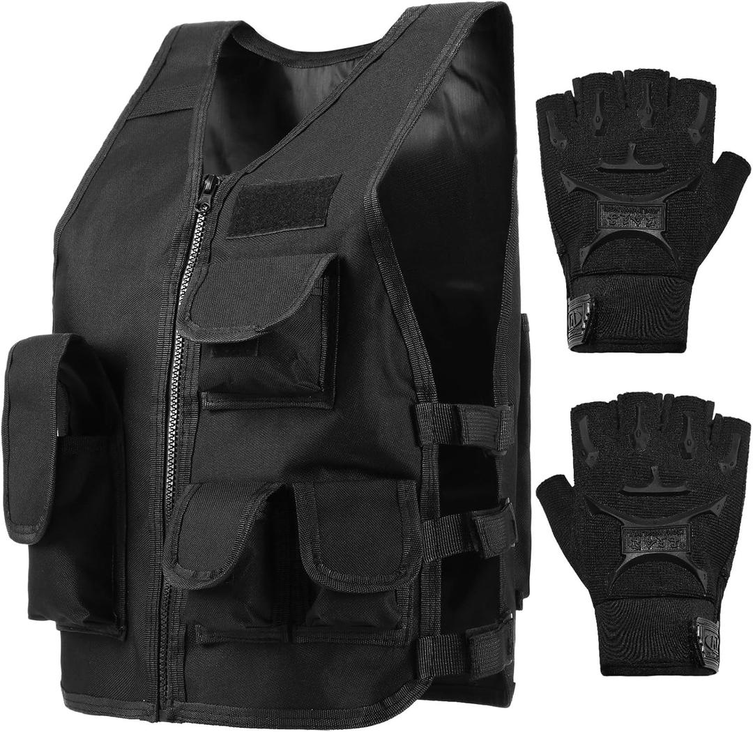 SATINIOR Tactical Vest Combat Vest Outdoor with Half Finger Fingerless Short Gloves Breathable Paintball Accessories (55, Cool Style)