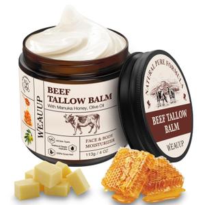 Beef Tallow for Skin, Organic Grass Fed Whipped Beef Tallow Balm, Tallow and Honey Balm with Raw Honey and Beeswax, Nourishing Moisturizer for Face & Body Natural Skin Care for Soft