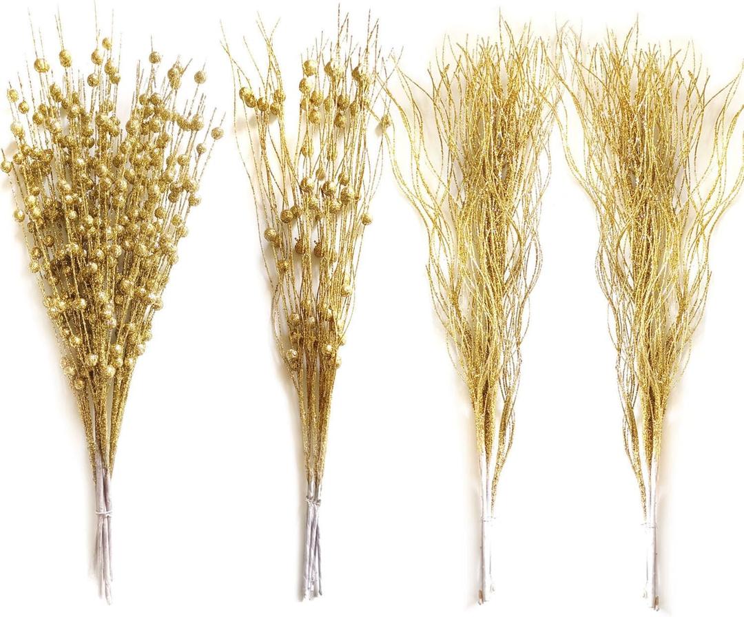 Artificial Glitter Berry Stems, 24pcs 3 Styles, Glitter Picks, Decorative Bead Sticks for Christmas Tree Vase DIY Wreath Crafts Gift Dcor(Golden)