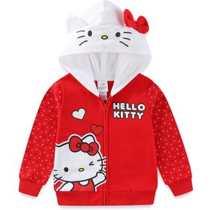 Hello Kitty Sanrio Girls Fleece Zip Up Hoodie with Ears for Big Kids (Red)