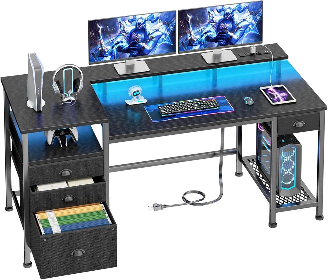 Furologee 60" Black Computer Desk with 4 Drawers and Printer Space, Gaming Desk with LED Lights and USB Power Outlets, Home Office Desk with Fabric File Cabinet, Study Work Table with Shelf for Bedroom