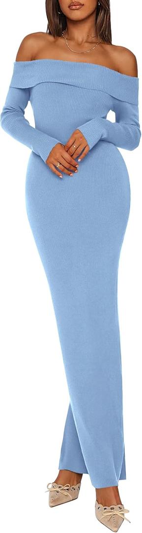 PRETTYGARDEN Women's 2025 Fall Sweater Dress Long Sleeve Off Shoulder Slit Maxi Bodycon Cocktail Party Dresses (Medium, Light Blue)