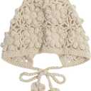 KABAKE Toddler Girl Beanie Handmade Hollow Crochet Flower Earflap Knit Hats Baby Bonnets with Strap (White)