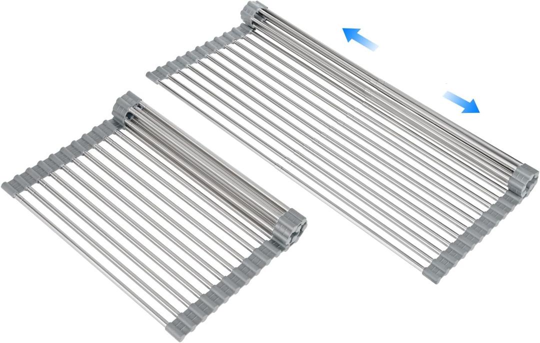 Large Expandable Roll Up Dish Drying Rack, Heat-Resistant Dish Drainer for Stainless Steel Sinks, Over The Sink Non-Slip Silicone Rollable Dish Drainer Roll Rack 18 Tube Gray 21.25''x12.79''