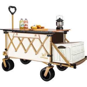 Collapsible Wagon with Tailgate and Big Wheel,Heavy Duty Utility Folding Wagons for Beach Camping Outdoor (Beige, with Table)