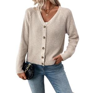 Cardigan for Womens Long Sleeve V Neck Rib Knit Cardigan Trendy Tops Beige, Medium