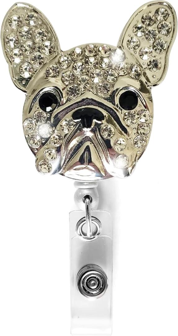French Bulldog Badge Reel, ID Badge Holder, Nurse Badge Reel, Retractable Badge Holder, Frenchie Accessories, Gift for Frenchie Owners, Frenchie Jewelry (Silver)