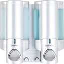 Better Living Aviva Shower Dispenser 2 Chamber, Wall Mount Shower Soap Dispenser for Bathroom Hotel Body Wash, Built-in Hooks, No Drill, Waterproof Shampoo Soap Dispenser, 2 x 11 oz, Satin Silver