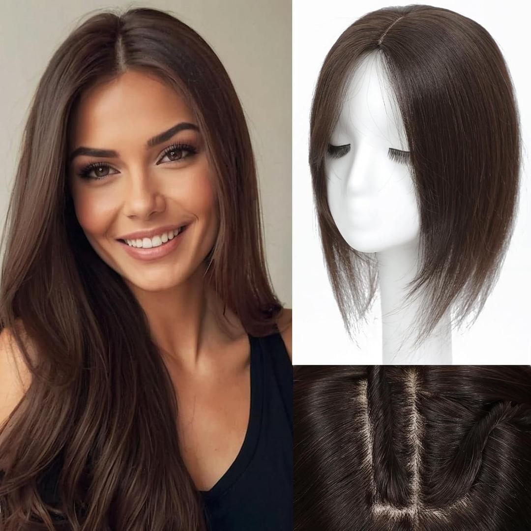 Rootoo Hair Toppers for Women Real Human Hair, 14 Inch Realistic Biological Scalp Topper Hair Pieces for Women with Thinning Crown with Middle Part Clip in Bangs Big Base 360° Cover (Dark Brown)
