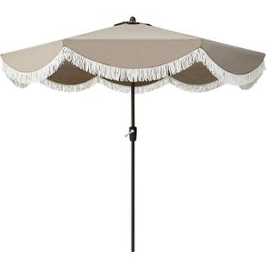 Tempera 9ft Auto Tilt Scalloped Patio Umbrellas with Fringe, Outdoor Table Umbrellas with Fade Resistant Canopy, 8 Sturdy Rids, Luxurious Vintage Umbrellas for Lawn, Pool, Deck, Balcony (Khaki)