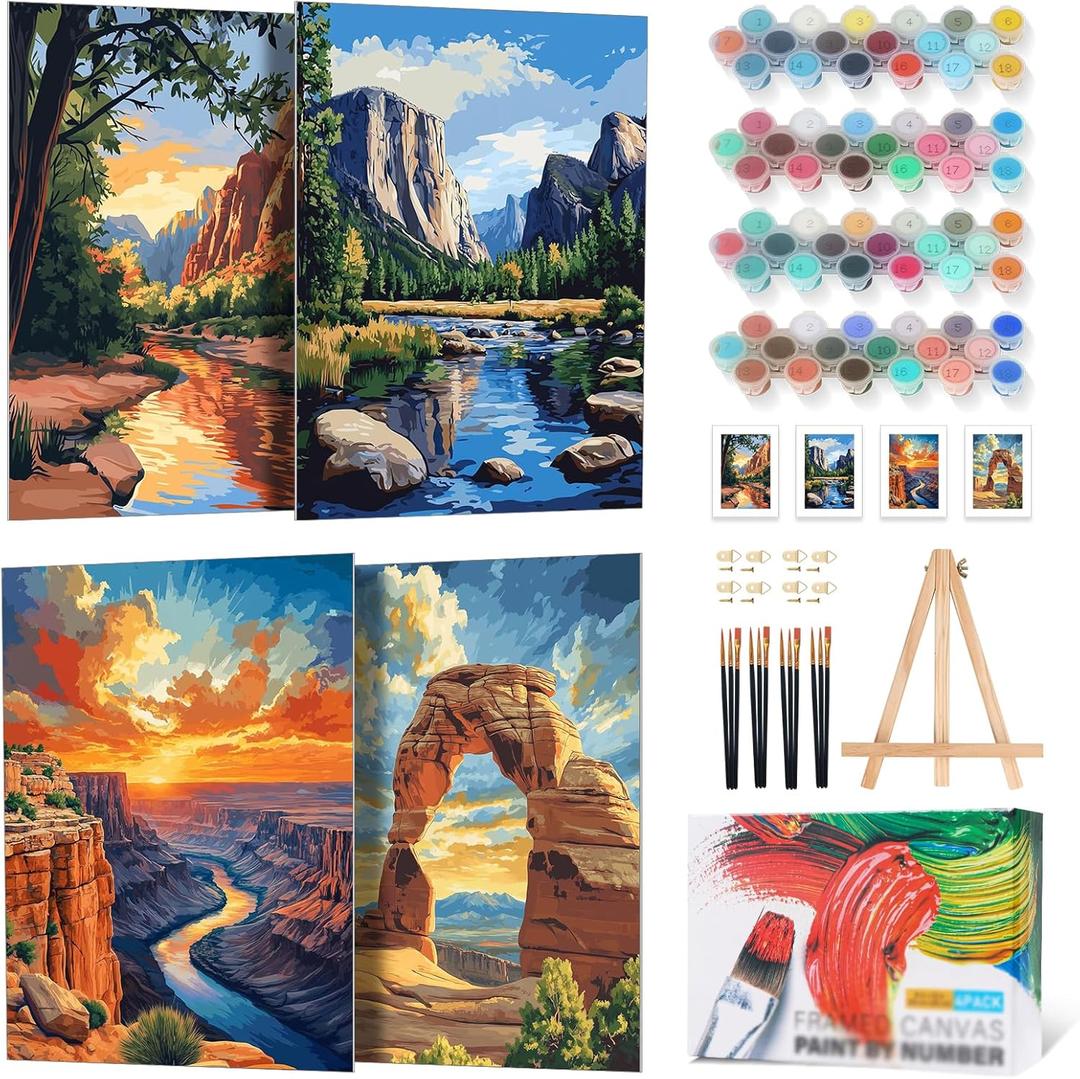 4 Pack Framed Paint by Numbers Kit for Adults Beginner with Wooden Easel, National Park Paint by Number Kits with Frame, DIY Acrylic Landscape Painting by Numbers for Home Wall Decor Gift 8x12 inch (YOP301)