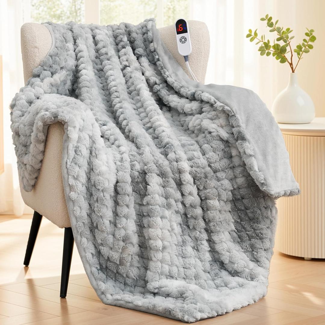 Heated Blanket Electric Throw 50"x60", Faux Rabbit Fur Electric Blanket, Tie Dye Soft Flannel Heating Blanket for Couch, 6 Heat Settings, 1-4H Timer, Machine Washable, Gift, Blue