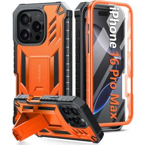 FNTCASE for iPhone 16 Pro Max Case: Military Grade [Built-in Screen Protector] [Kickstand] Matte Textured Drop Proof Protection Cover | Rugged Shockproof TPU Protective Sturdy Phone Cases - Orange