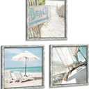 Beach Framed Wooden Wall Art: Ocean Pictures Coastal Art Prints Seaside Artwork Collection Set of 3 Seascape Decorations for Bedroom (12" x 12", White Beach Chair Boat)