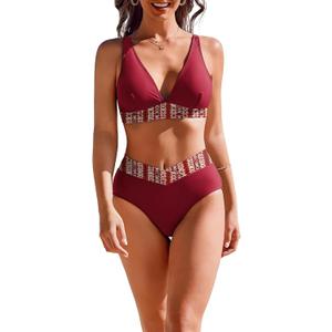 AI'MAGE High Waisted Bikini Set for Women Tummy Control Women's 2 Piece Bathing Suit V Neck Sexy Color Block Swimsuit 2025 (Red)