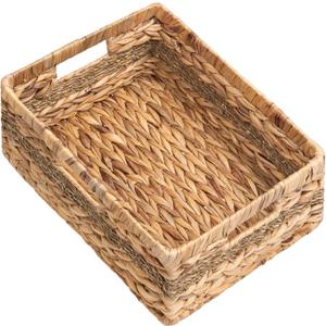 StorageWorks Large Rectangular Wicker Basket, Water Hyacinth and Seagrass Storage Basket with Built-in Handles, 1 Pack