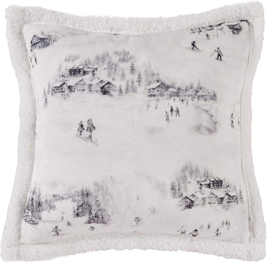 Paseo Road Indigo Hill by HiEnd Accents Ski Toile Sherpa Throw Pillow, Snow Mountain Pine Tree Ski Season Print Throw Pillows, Cabin Lodge Decorative Pillow for Couch, Sofa, Living Room, 18x18 inch