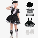 Girl's Mime Artist Costume Black and White Stripe Short Sleeve Black Beret Skirt with Gloves Halloween Dress up, Size L