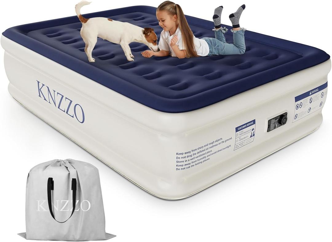 KNZZO Air Mattress Full with Built-in Pump, Blow Up Mattress with Soft Flocked Top, Leakproof Inflatable Mattress, Foldable Waterproof Air Bed for Home, Guests, Camping, with Storage Bag