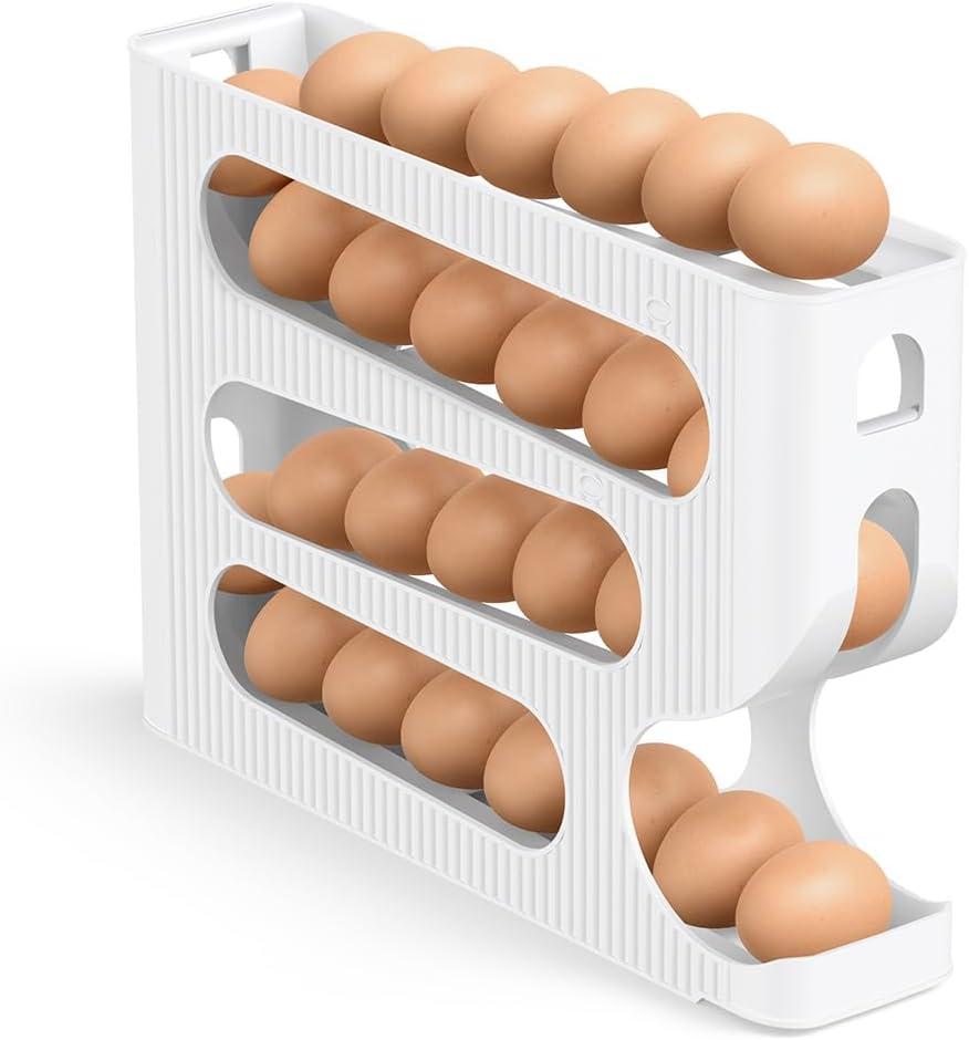 Sotfamily Egg Holder for Fridge, Automatic Rolling Egg Dispenser for Refrigerator, Countertop, Kitchen - Space-saving Egg Roller/Organizer/Storage/Container/Tray - 1 Pack for 28 Large Size Eggs (White)