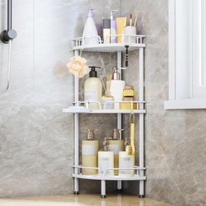 Consumest Corner Shower Caddy Stand - 3 Tier Shower Organizer with Soap Holder, Tall Floor Corner Shelf Standing with Adjustable Feet & 4 Hooks, Storage Rack for Bathroom White