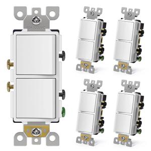CML Double Rocker Decorator Light Switch, Two Single Pole Electrical Paddle Wall Switches, 15A 120V, Self-grounding On/Off Interrupter, UL Listed, 5 Pack, White