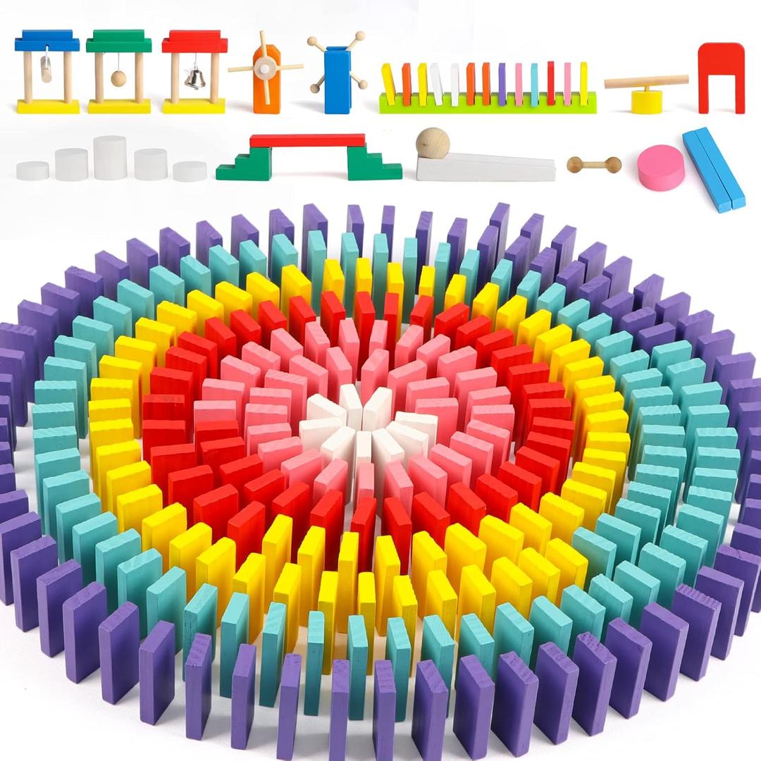 Wondertoys 600 PCS Dominoes Set for Kids Wooden Building Blocks 6 Colors Bulk Dominoes Racing Tile Games Educational Toy for Kids Birthday Party with 11 Add-on Blocks and 1 Storage Bag