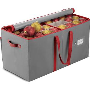 ZOBER Large Christmas Ornament Storage Box  Stores 128 3" Ornaments, With Dividers  Ornament Organizer Storage Box, Durable Christmas Containers Holder  Extra Pockets, Dual Zipper  Gray