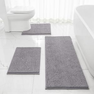 HOMEIDEAS 3 Pieces Bathroom Rugs, Extra Large Ultra Soft Non Slip Absorbent Chenille Toilet Bath Mat Set (Grey) (17"x24"+20"x48"+U Shape 20"x24")