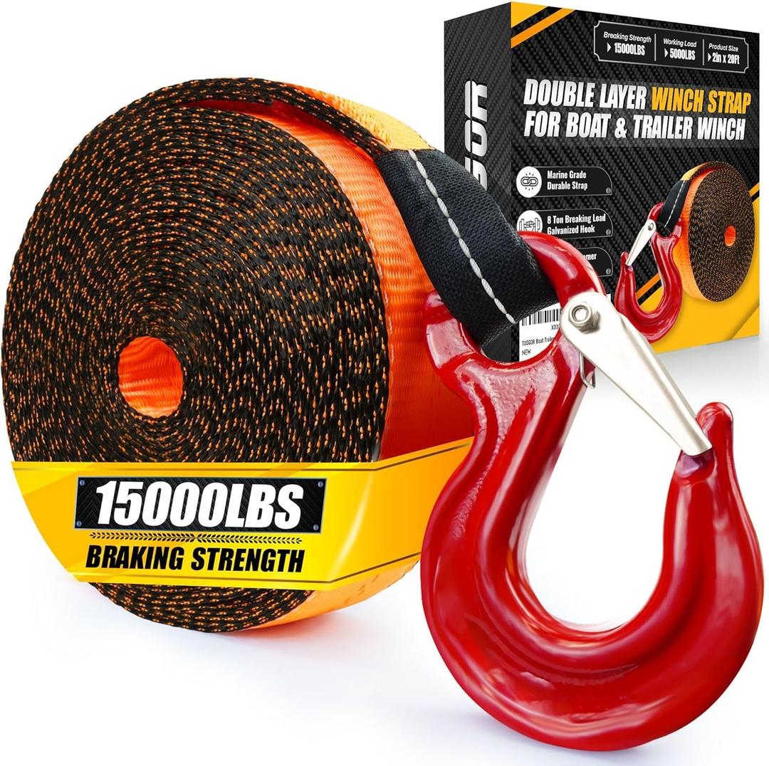 Boat Trailer Winch Strap With Super Steel Hook, 15000 LBS Break Strength, Two Layers Winch Strap, Winch Pulley Strap For Boat Trailer Replacement, Towing Vehicles & Boat Accessories 2"x20.'