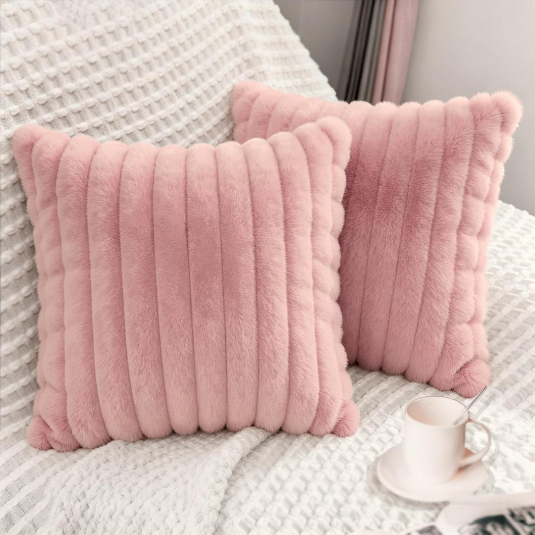 Bunliuys 2 Pack Pillow Covers, 20x20 Faux Fur Square Throw Pillow Covers for Living Room Decorations Throw Pillow Case, Throw Pillow Cover Cushion Cover for Home Sofa Bedroom Car, Pink
