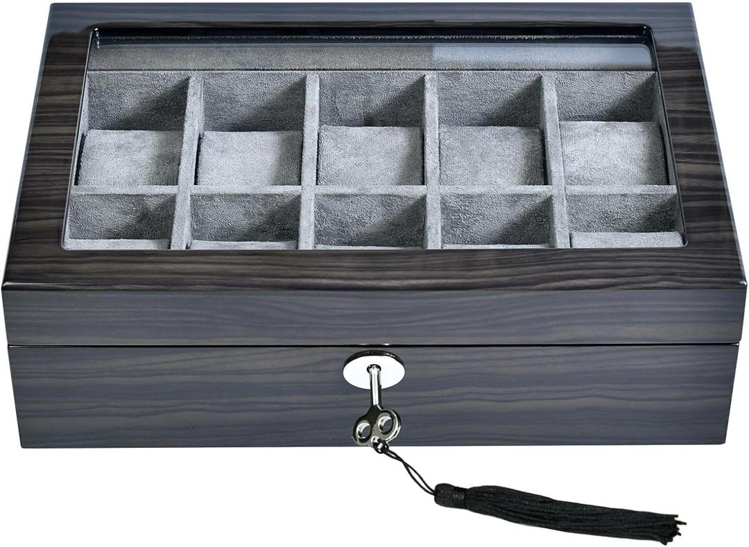 Watch Box for Men 10 Watches Storage box&Organizer Smart Watch Display Case - Ebony Wood with Soft Velvet Interior-Large Glass Window-Gift for Women and Man (10W-GYG) (Gray)