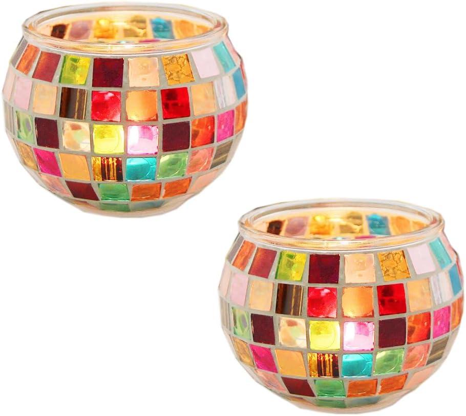 Mosaic Candle Holder Set, 2pcs Handcrafted Glass Candle Holders Decorative Centerpiece for Home Decor - Versatile Tabletop Decor for Weddings, Birthdays & Holidays (Mosaic)