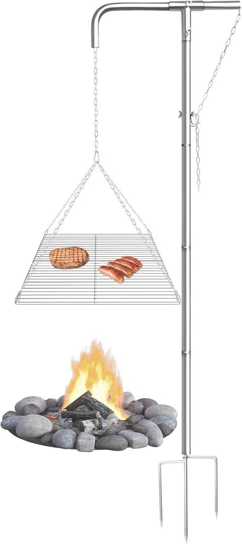 Stainless Steel Campfire Grill - Adjustable Height,360 Rotatable & Foldable Camp Fire Cooking Equipment,Heavy Duty Portable Outdoor Open Flame Grilling Rack for Camping