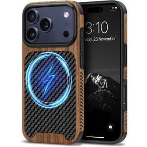 TENDLIN Magnetic Case Compatible with iPhone 17 Pro Case Wood Grain with Carbon Fiber Texture Design Leather Hybrid Slim Cover (Compatible with MagSafe) Black