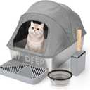 Enclosed Stainless Steel Cat Litter Box with Oxford Lid, Extra Large Litter Box for Big Cats, Anti-Leakage, Odor Control Litter Pan Tray with Litter Scooper,Non Stick Smooth Surface (24" L x 16" W)