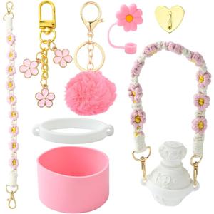 Pink Color Plastic Cup Accessories Set with Water Bottle Handle Strap Straw Cap Cup Sleeve Key Chain Clasps Plush Ball Charms Accessories for DIY Bottle Drink Decor