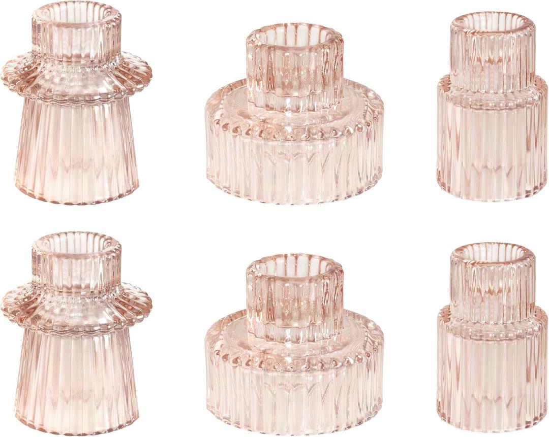 WELLIFE Pink Candlestick Holders, 6 Pcs Glass Candle Holder, Taper Candle Holder for Table Centerpieces Home Bedroom, Valentine's Day Decoration